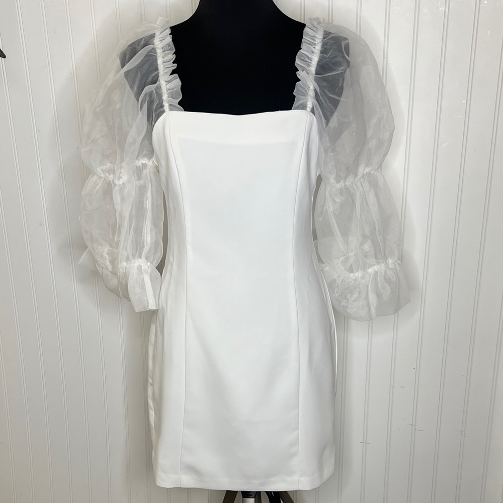 Amanda Uprichard Tia White Mini Dress with Sheer Sleeves Size Medium